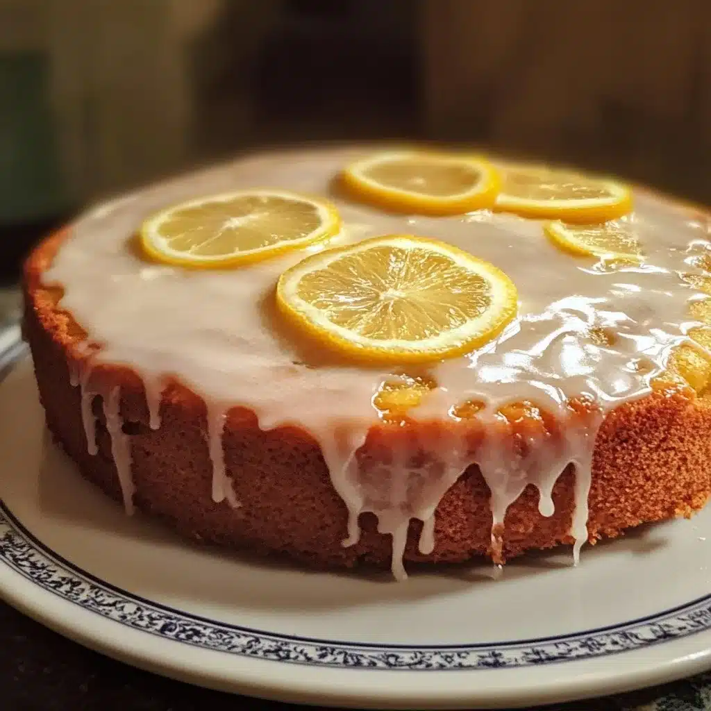 Slice of Almond Lemon Ricotta Cake topped with vibrant lemon glaze on a plate.
