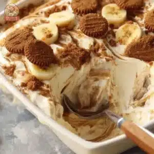 Delicious Biscoff Banana Pudding dessert topped with crushed Biscoff cookies.