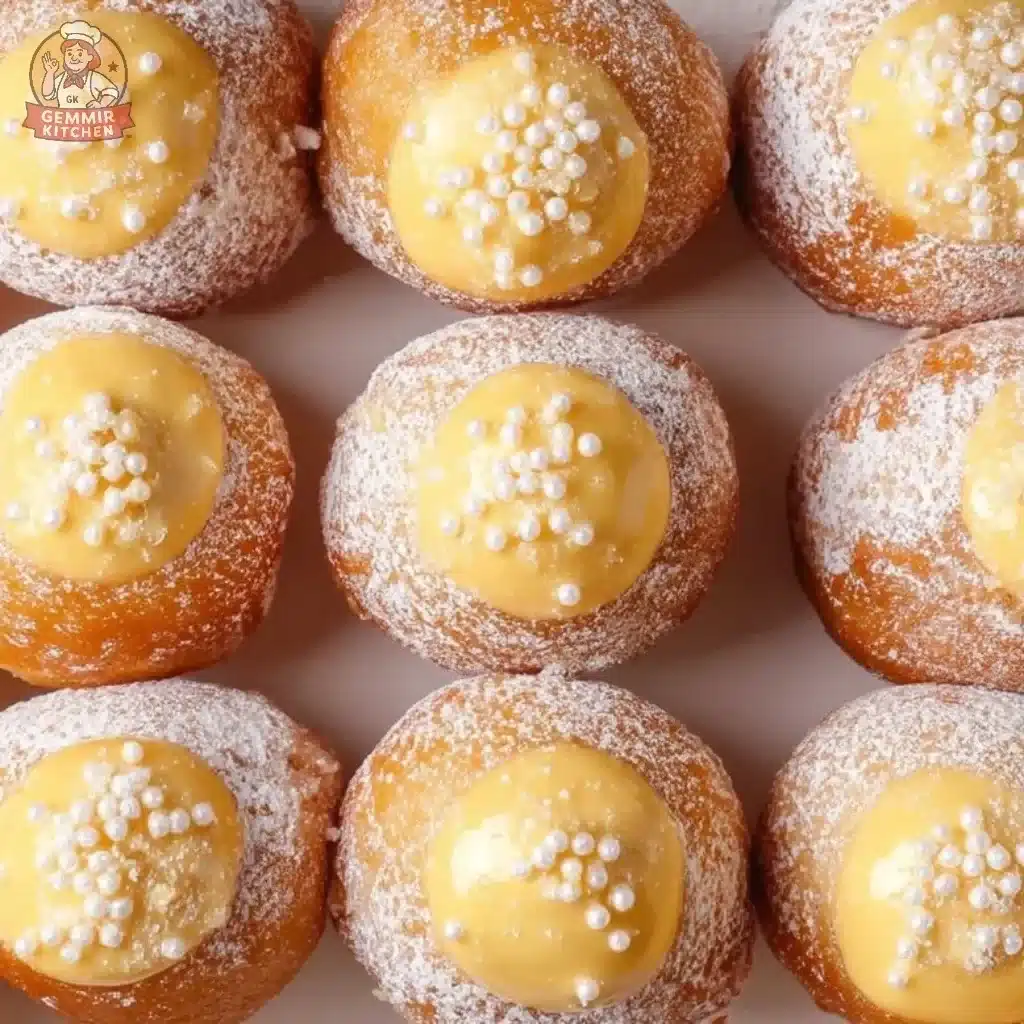 Delicious Bomboloni, traditional Italian doughnuts filled with cream and flavors