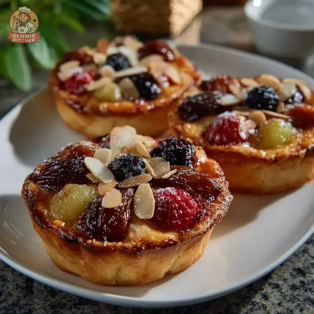 Brandy-soaked fruit almond tarts garnished with fresh fruits and nuts