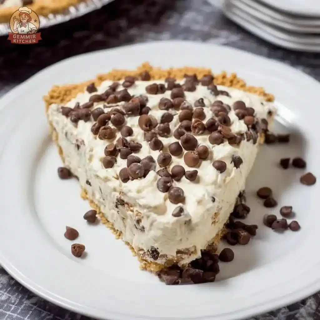 Chocolate chip cannoli pie topped with chocolate chips and creamy filling