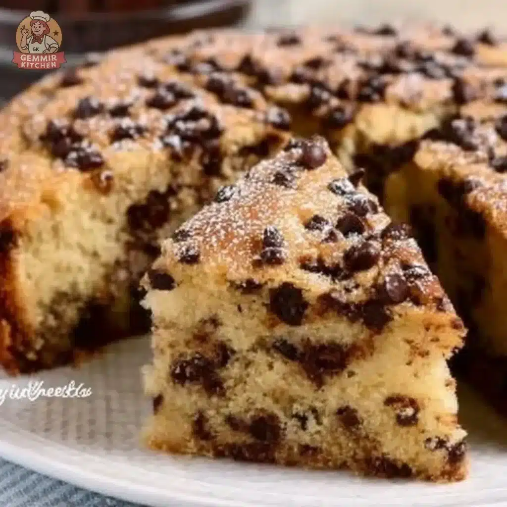 Delicious Chocolate Chip Ricotta Cake garnished with chocolate chips and mint leaves.