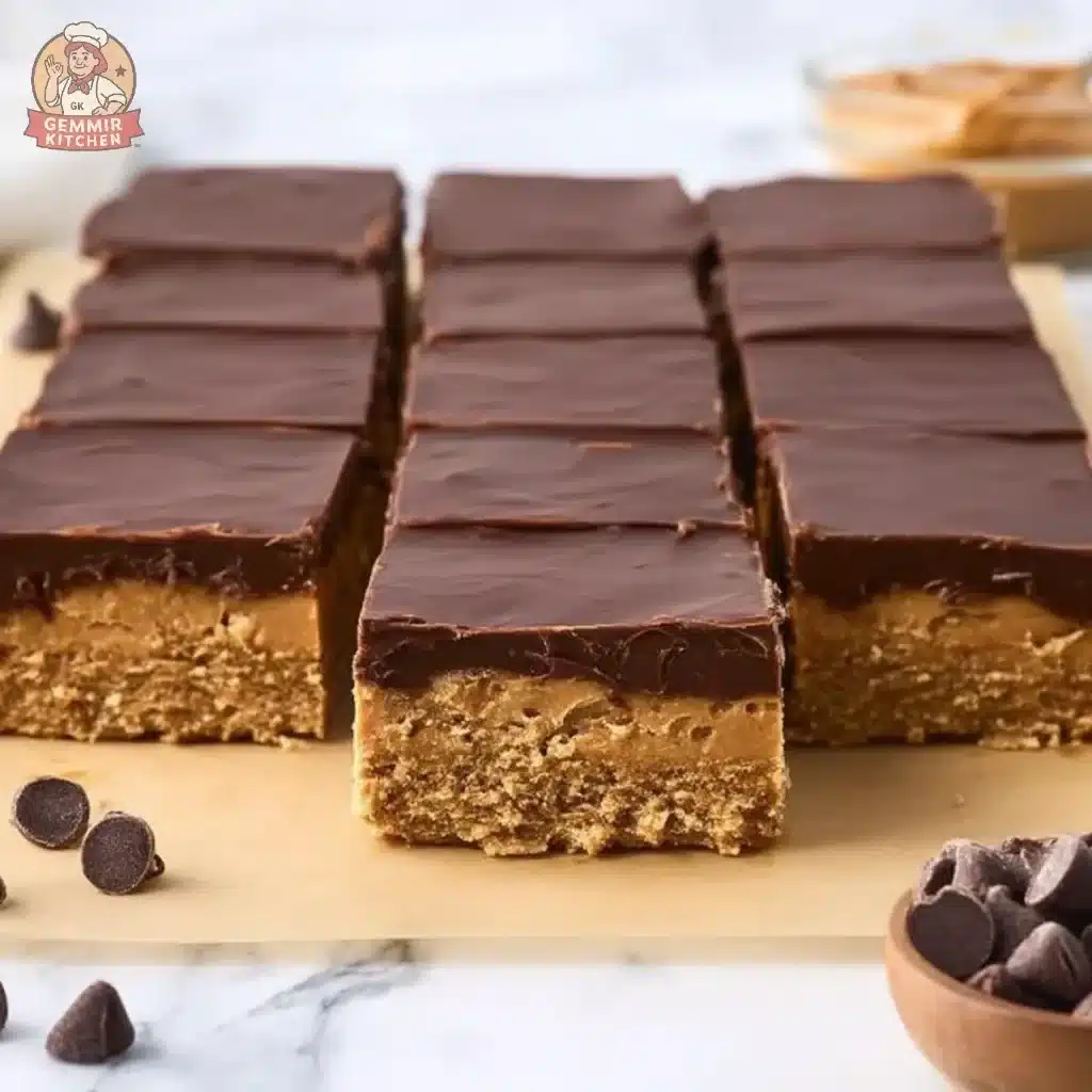 Delicious homemade Chocolate Peanut Butter Squares cut into bite-sized pieces.