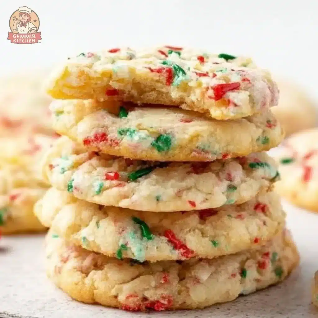 Christmas Ooey Gooey Butter Cookies 3 Delicious Christmas ooey gooey butter cookies on a festive plate