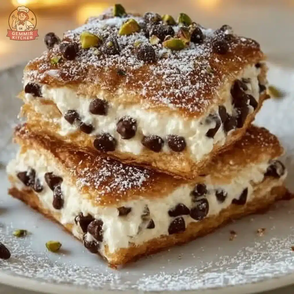 Delicious classic cannoli squares with ricotta filling and chocolate chips.