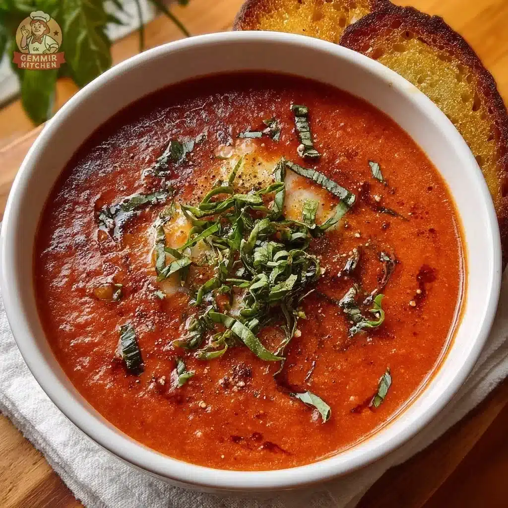 Bowl of classic tomato basil soup garnished with fresh basil leaves