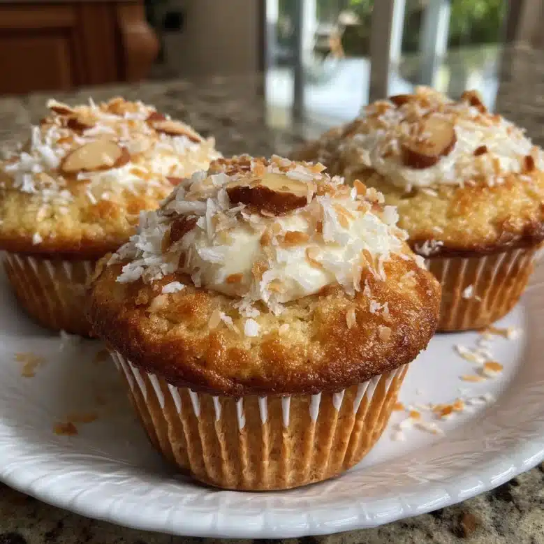 Delicious Coconut Almond Ricotta Cupcakes topped with coconut flakes and almonds
