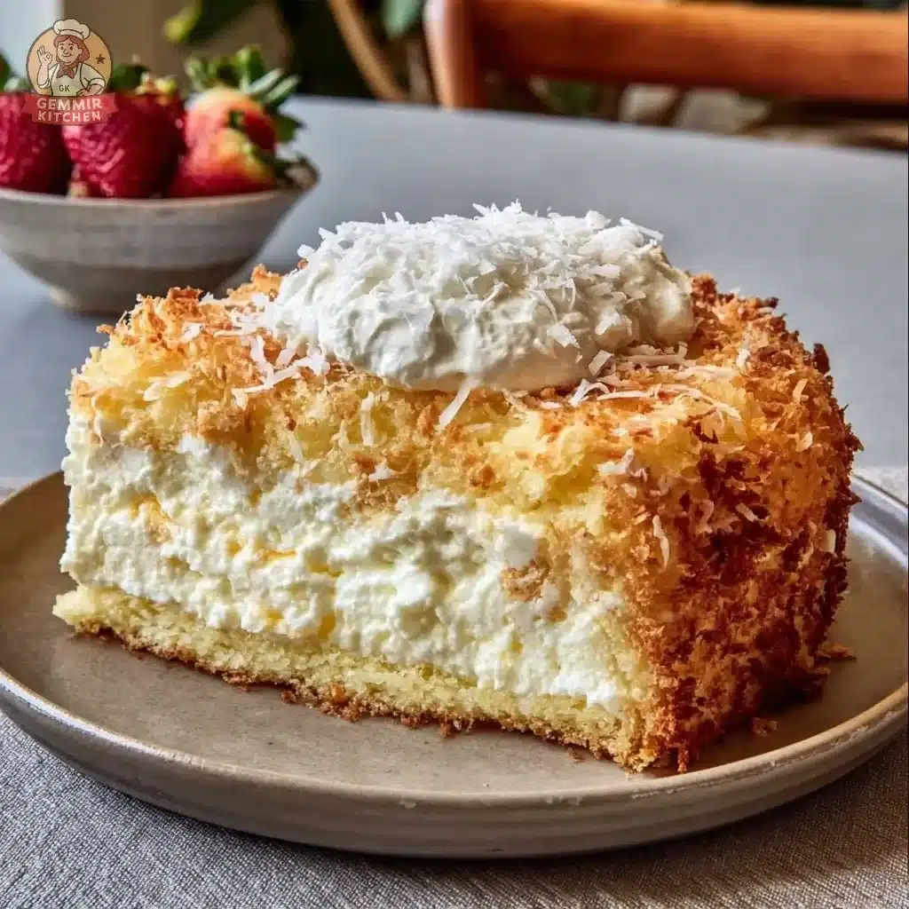 A slice of Coconut Ricotta Cloud Cake topped with fresh coconut flakes.