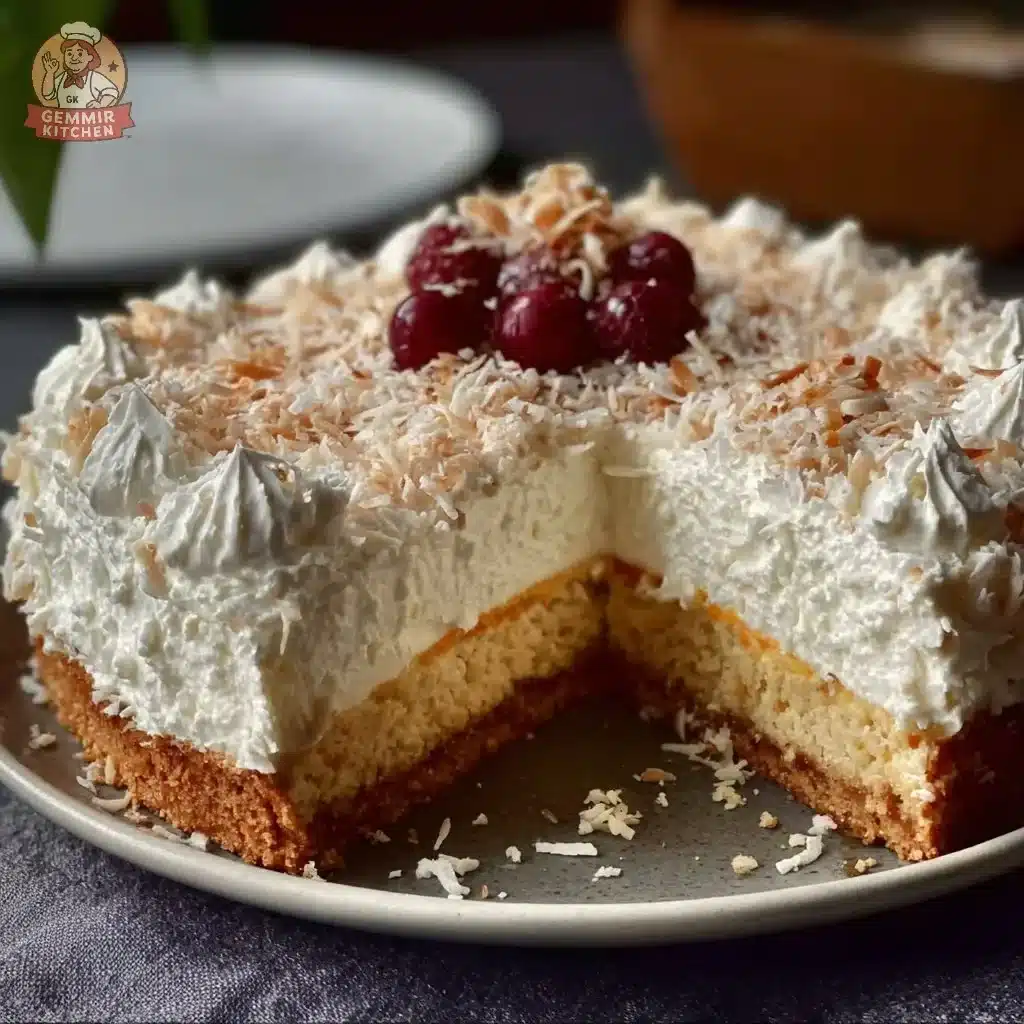 Coconut Ricotta Cream Cake 4 Delicious Coconut Ricotta Cream Cake topped with coconut flakes and fresh fruit.