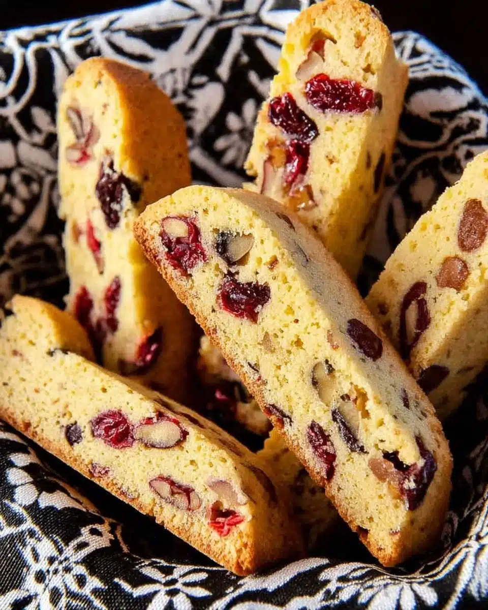 Cranberry-Orange Biscotti on a plate with cranberries and oranges.