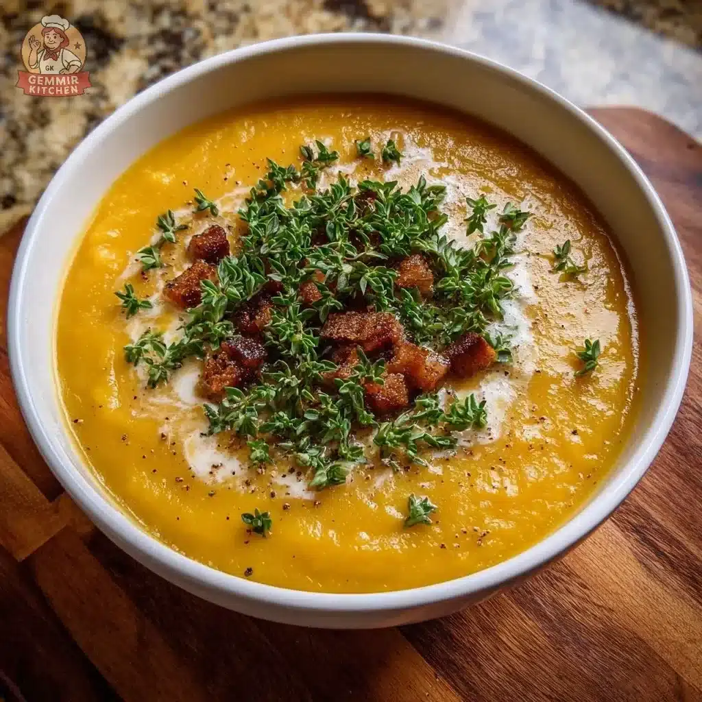 Delicious creamy butternut squash soup in a bowl garnished with herbs