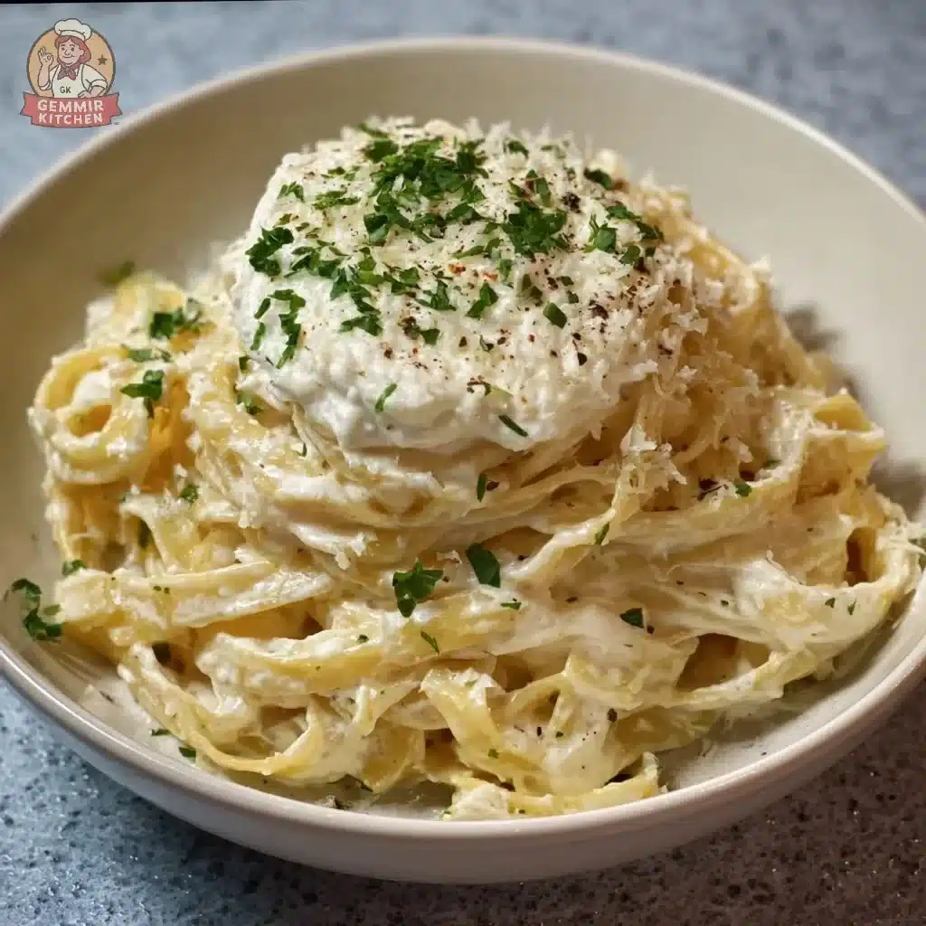 Creamy whipped ricotta alfredo pasta topped with fresh herbs and Parmesan cheese