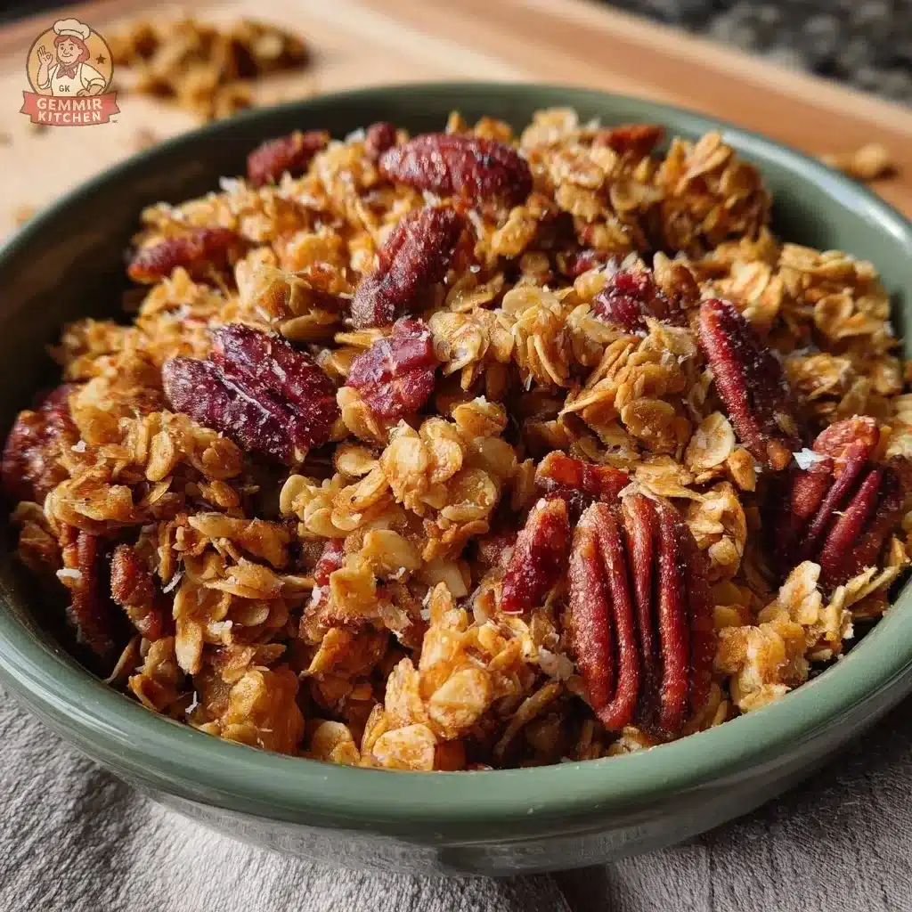 Delicious bowl of crunchy almond pecan granola with fresh fruits and yogurt
