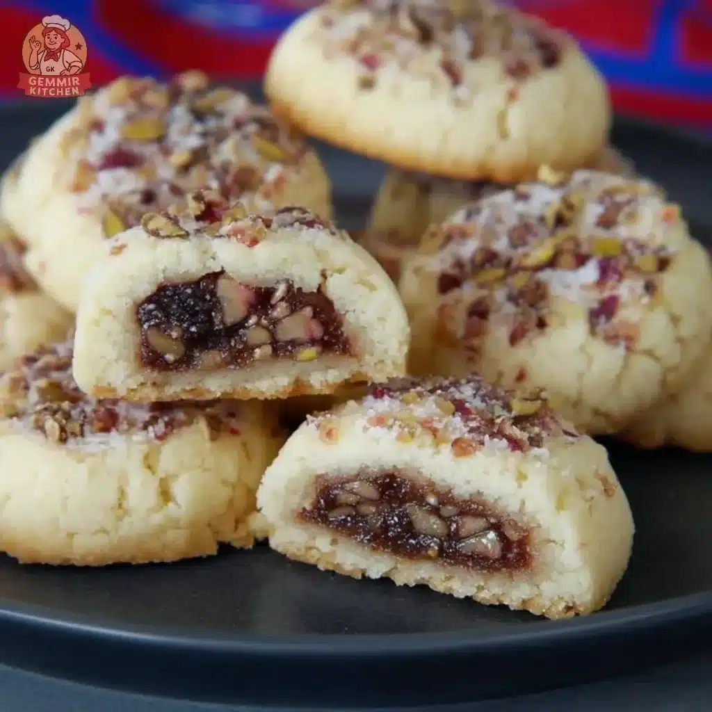 Homemade Cucidati Italian fig cookies on a festive plate