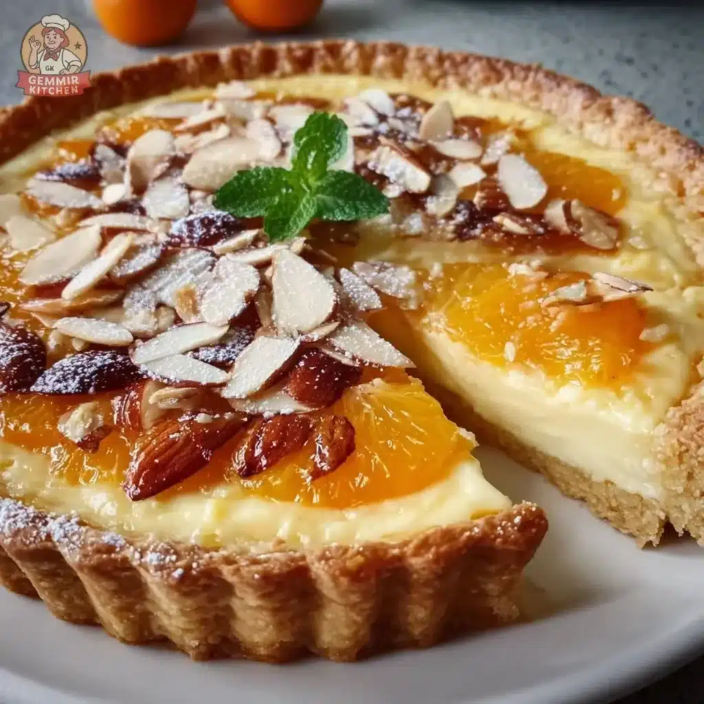 Decadent Almond Orange Ricotta Tart with orange zest and almond toppings