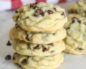 Homemade Almond Ricotta Chocolate Chip Cookies with chocolate chips and slivered almonds.