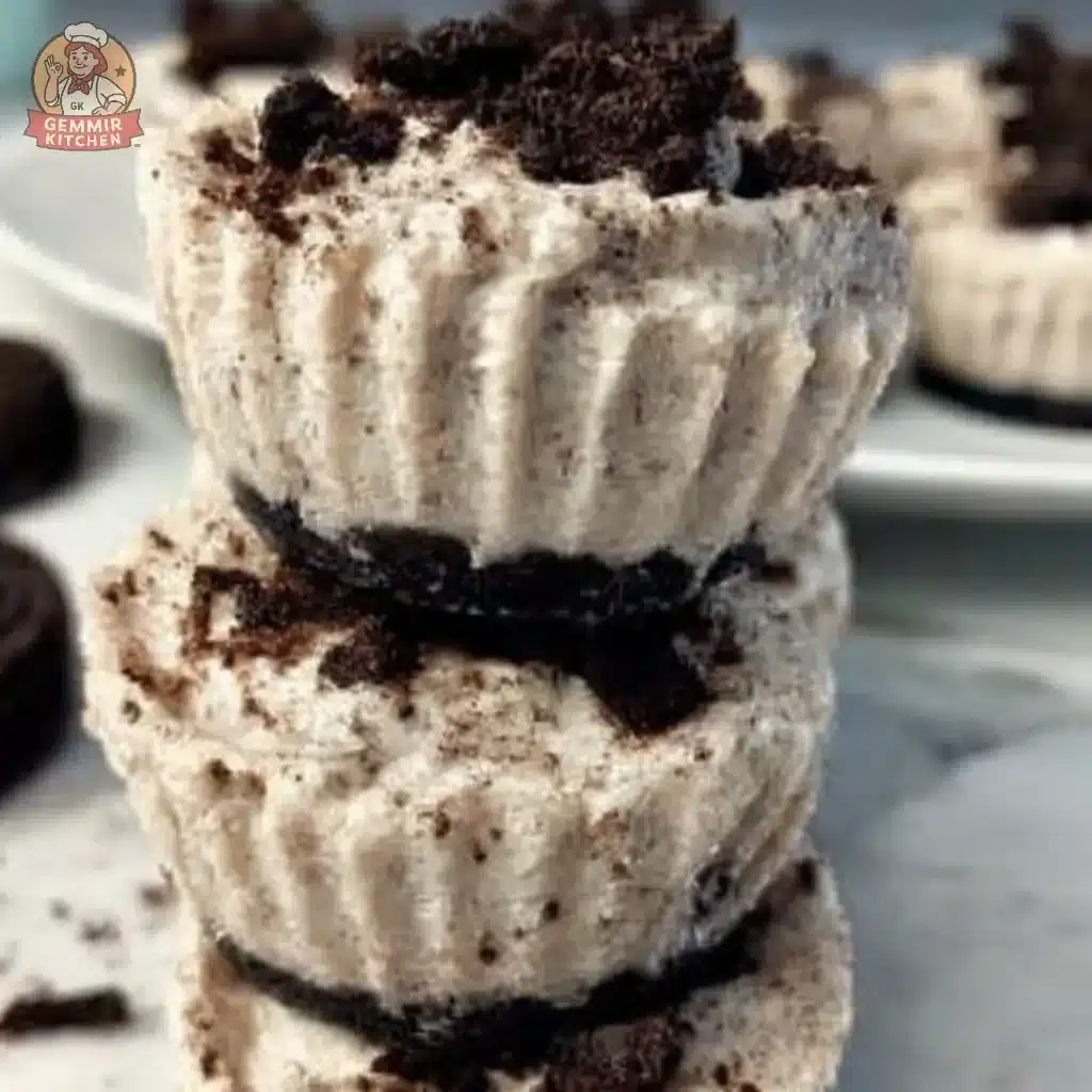 No-bake Oreo cheesecake bites arranged on a plate, topped with crushed Oreos.