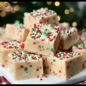 Delicious easy Christmas Sugar Cookie Fudge on a festive platter