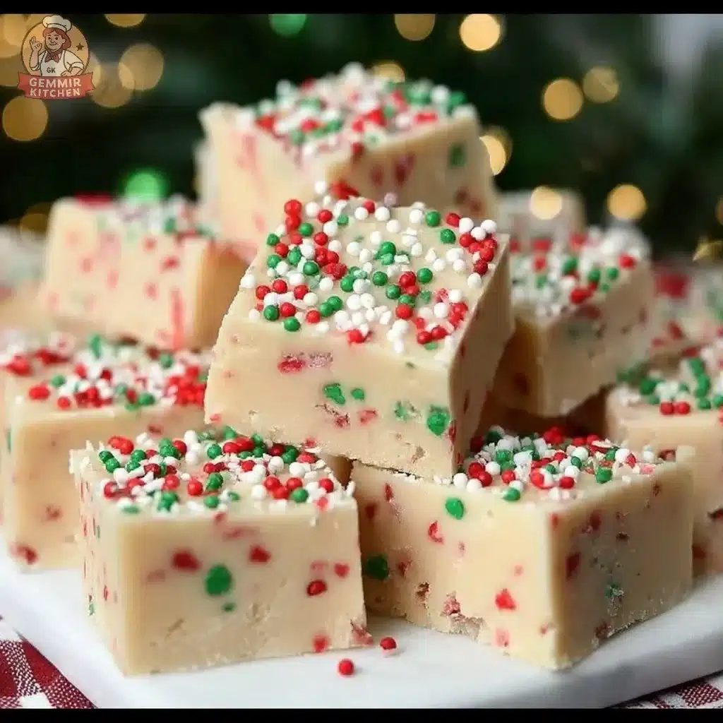 Delicious easy Christmas Sugar Cookie Fudge on a festive platter
