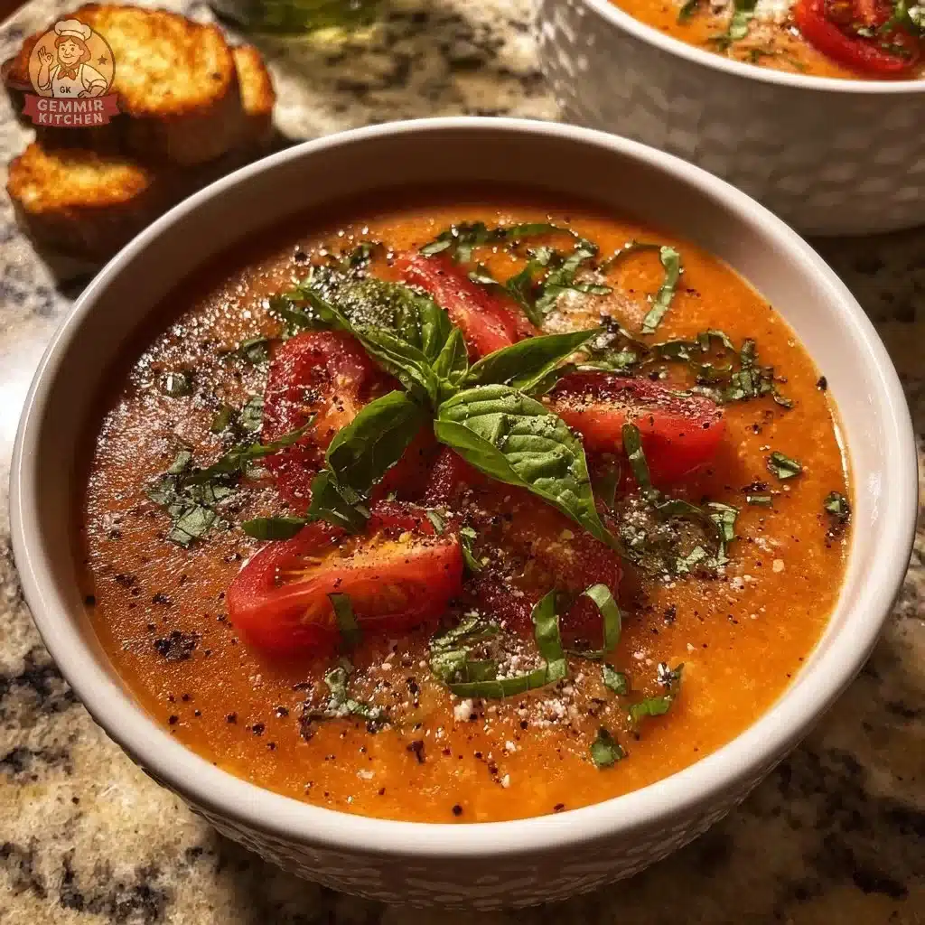 Bowl of Evening Glow Tomato Basil Soup garnished with fresh basil leaves.