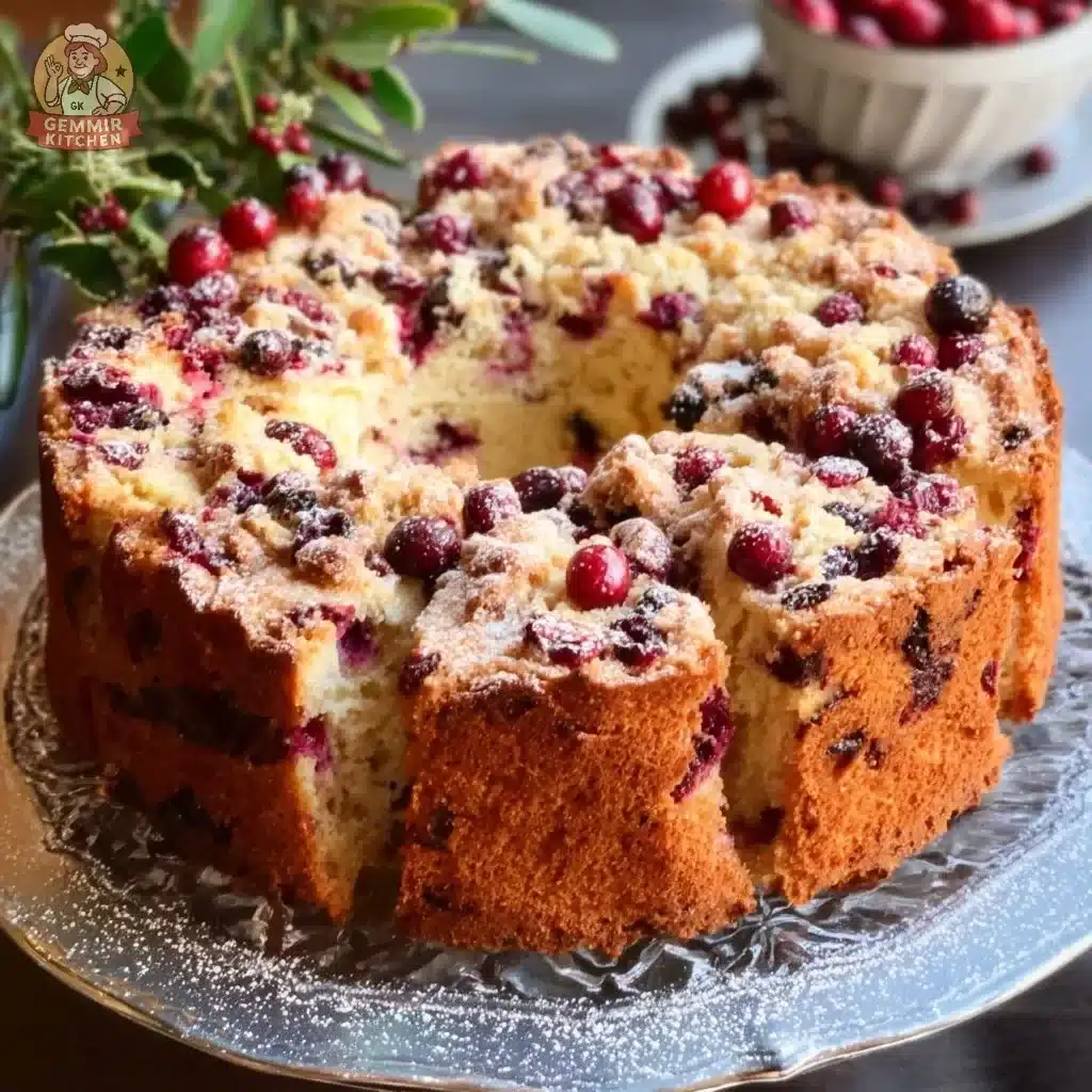 Festive ricotta cranberry tea cake on a serving platter with fresh cranberries