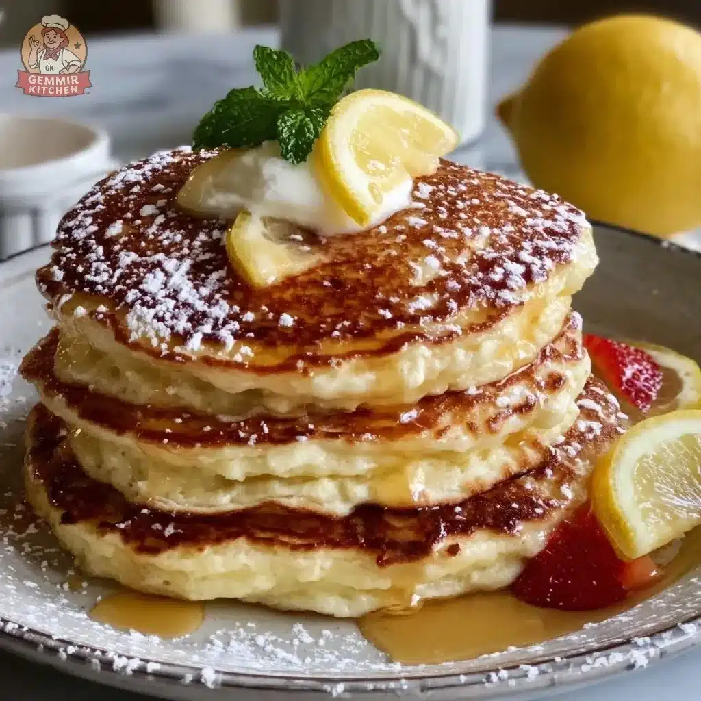 Fluffy lemon ricotta pancake stack topped with fresh berries and syrup.