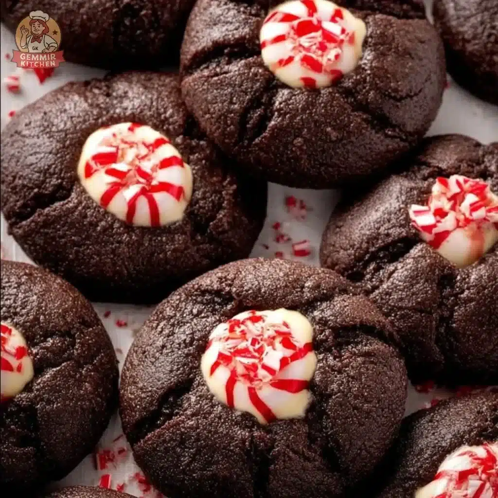 Fudgy dark chocolate peppermint cookies on a plate with candy cane decorations.