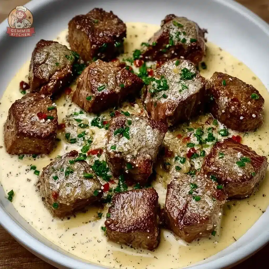 Delicious garlic butter steak bites served with creamy Parmesan sauce