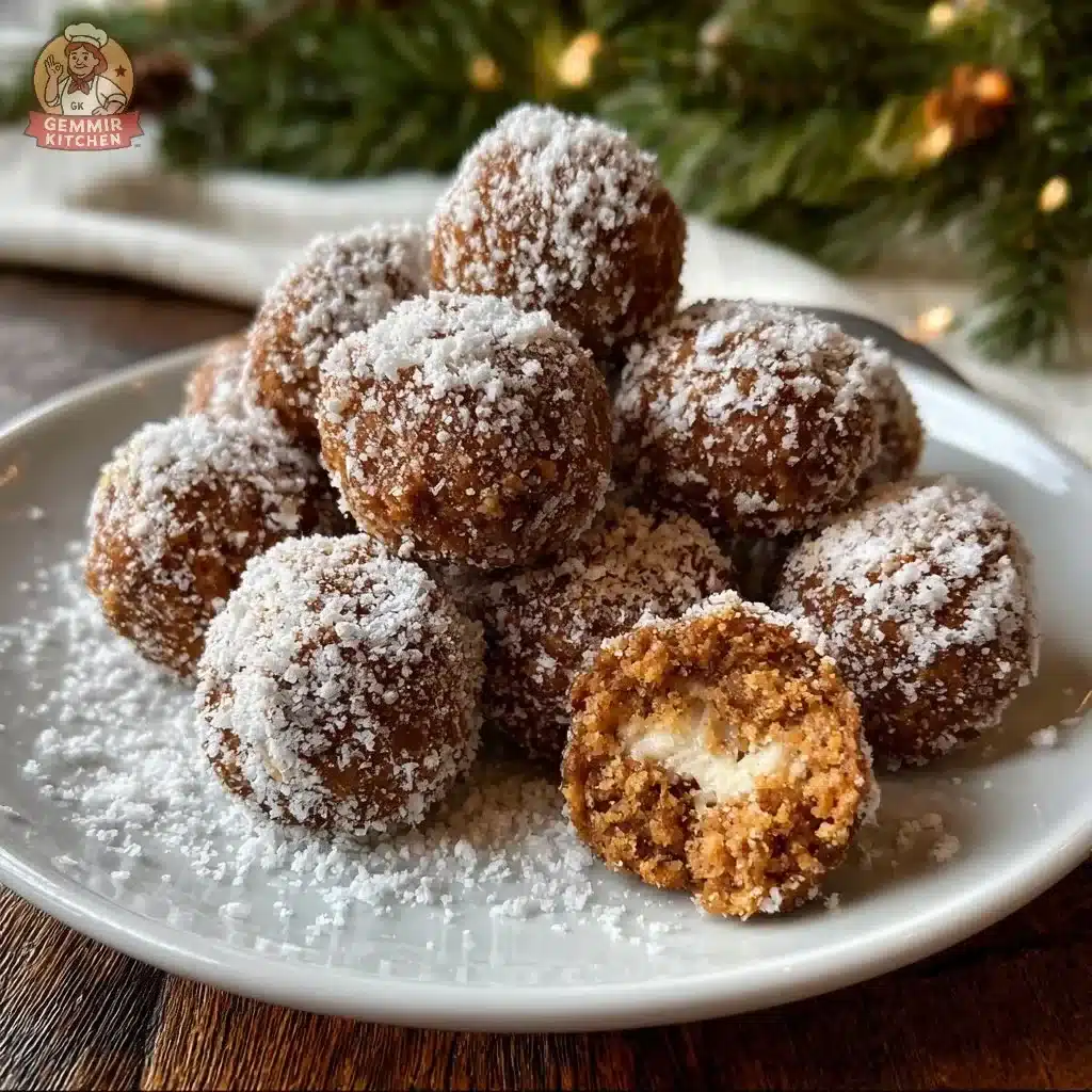 Gingerbread Ricotta Snowballs topped with powdered sugar on a festive plate.