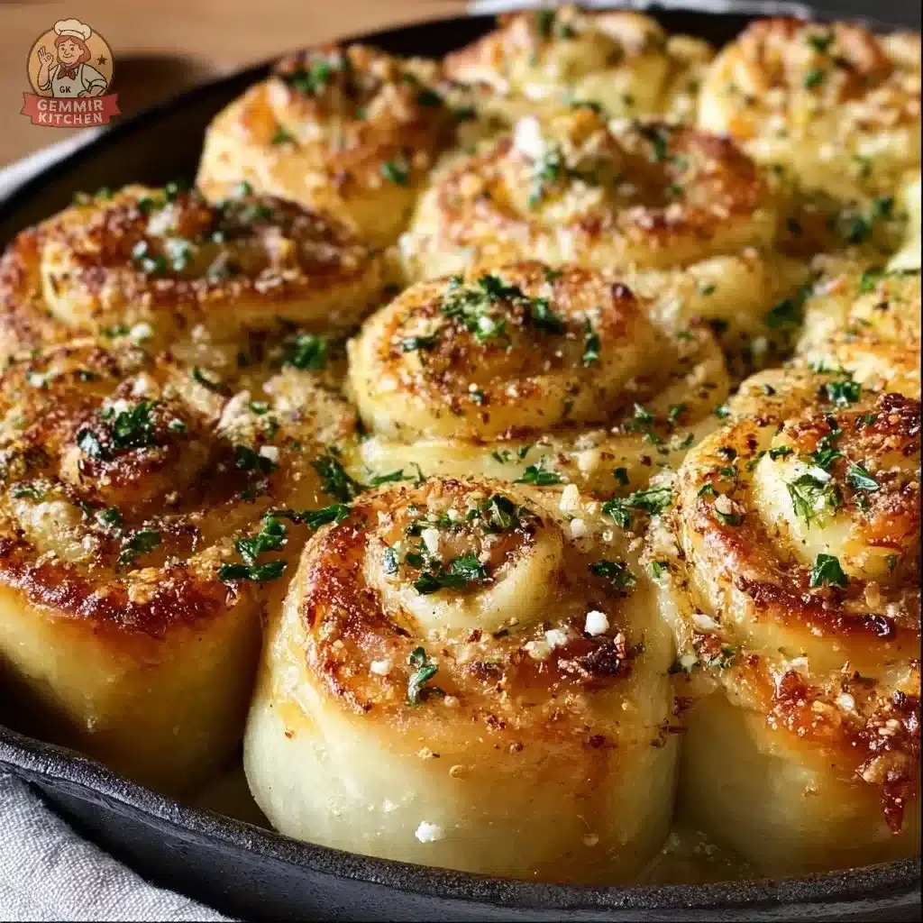Golden garlic butter ricotta rolls on a rustic wooden table