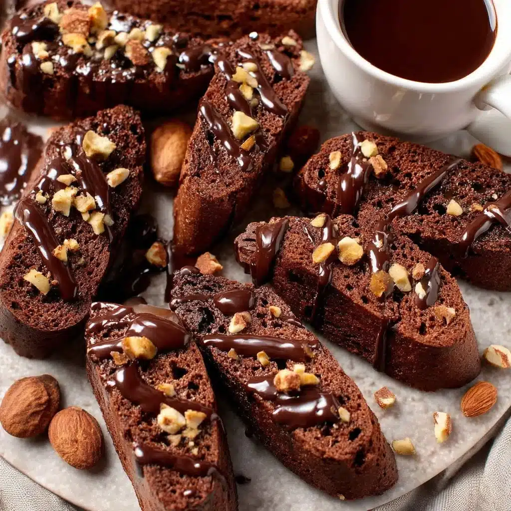 Hazelnut Biscotti with Dark Chocolate 3 Delicious hazelnut biscotti drizzled with dark chocolate on a wooden table.