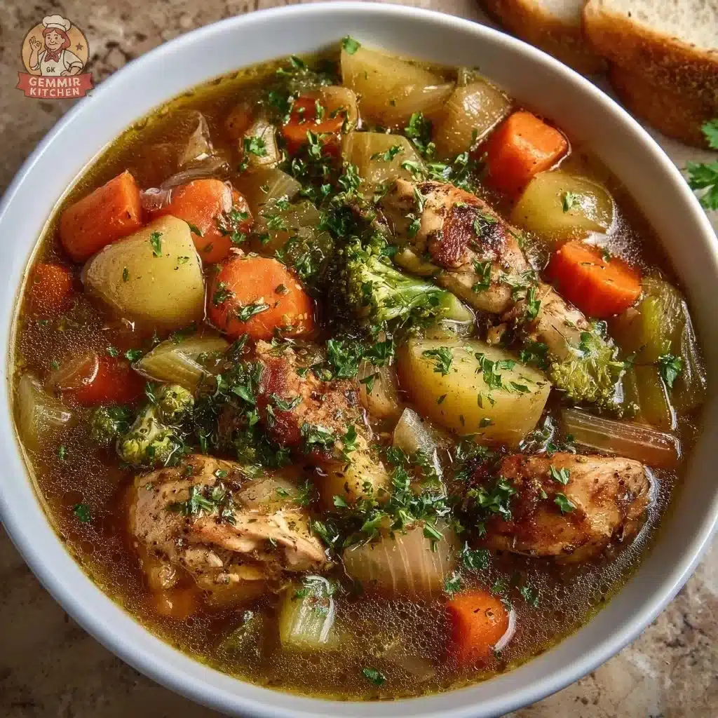 Bowl of hearty Chicken Vegetable Stew with fresh vegetables and herbs