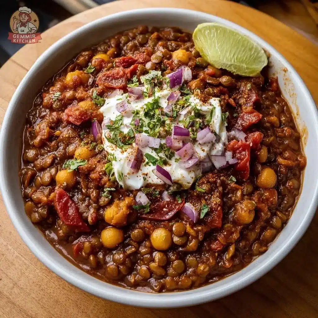 Bowl of hearty vegetarian lentil chili with colorful vegetables and spices