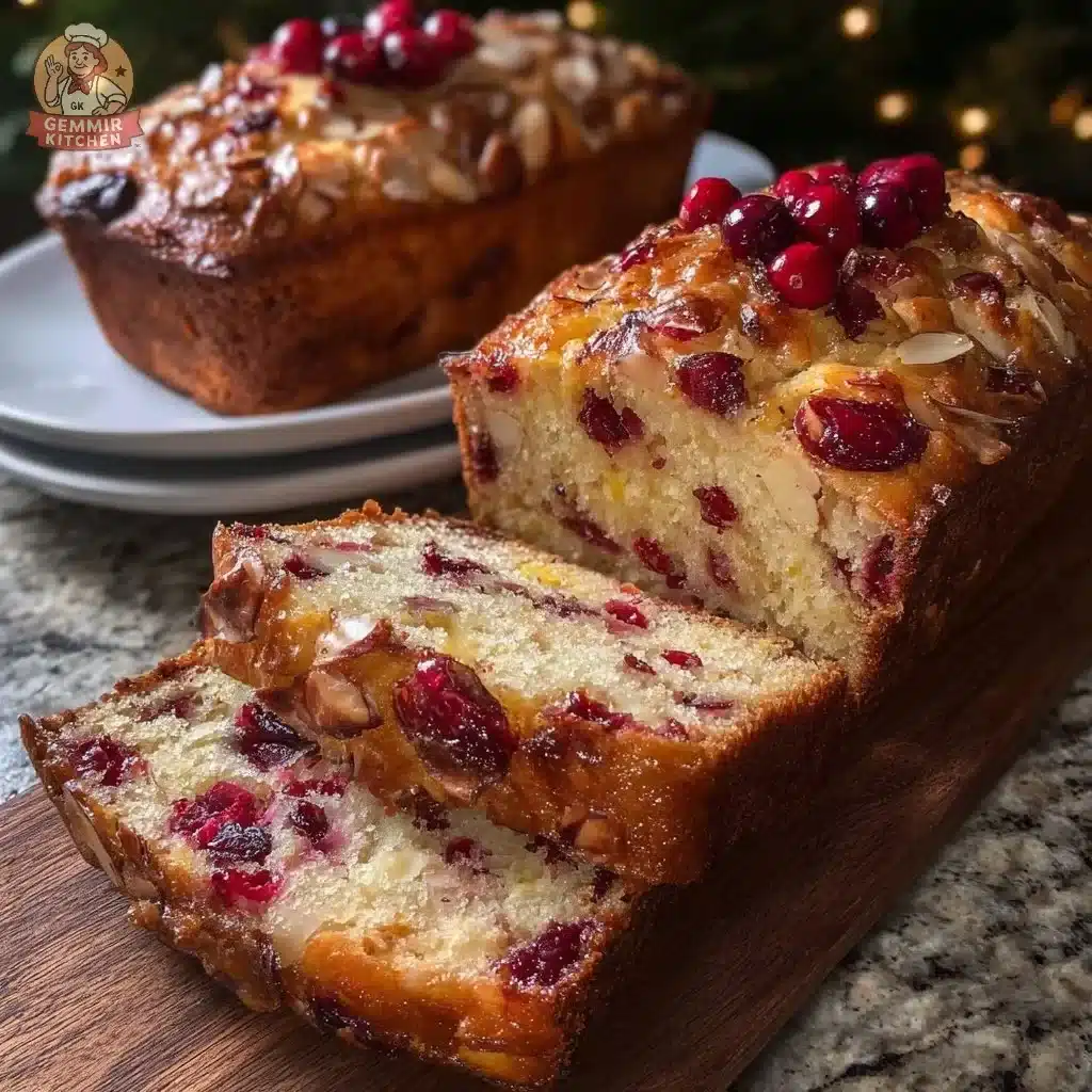 Slice of Holiday Cranberry Almond Loaf Cake with cranberries and almonds