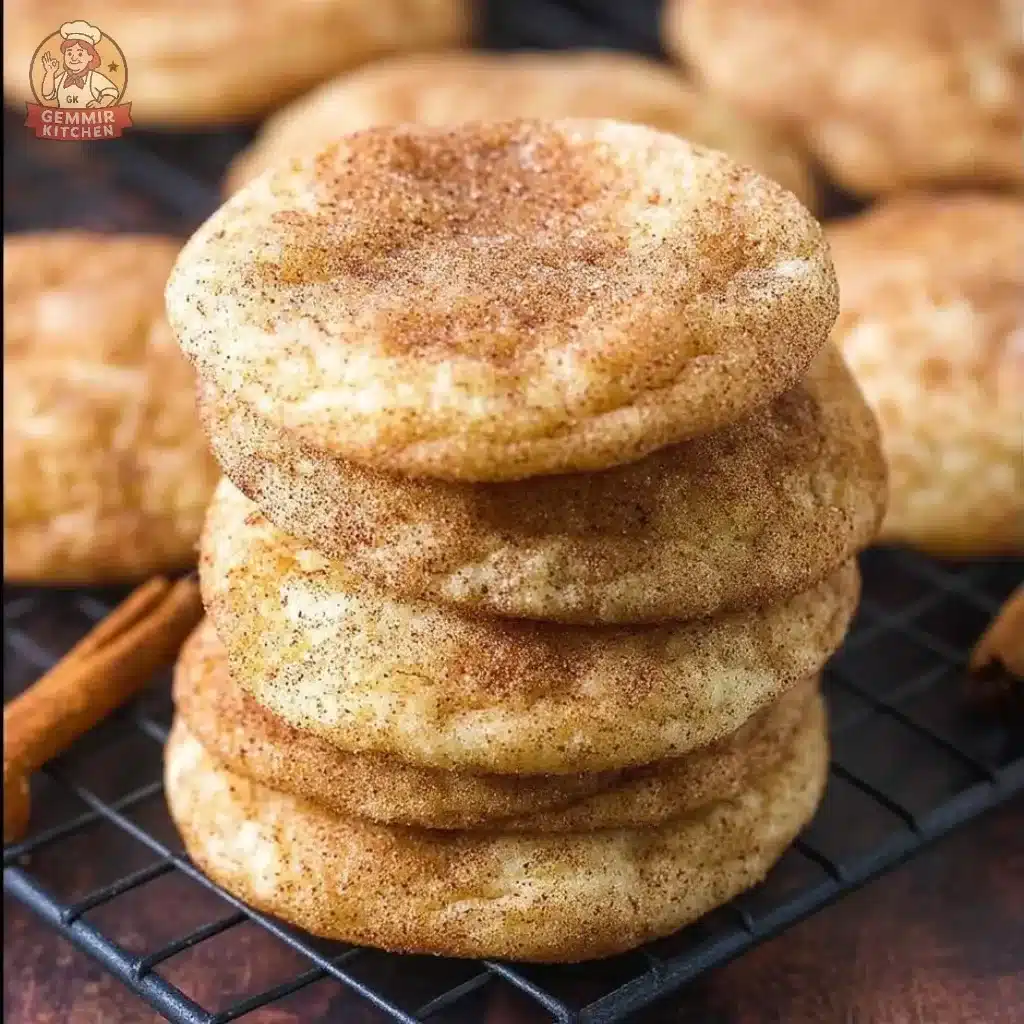 Freshly baked homemade snickerdoodle cookies on a rustic wooden table