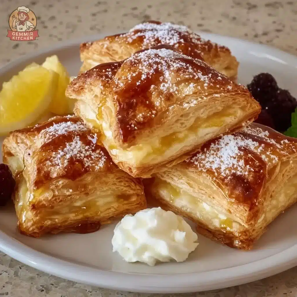 Honey-drizzled ricotta puff pastries on a plate, garnished and ready to serve