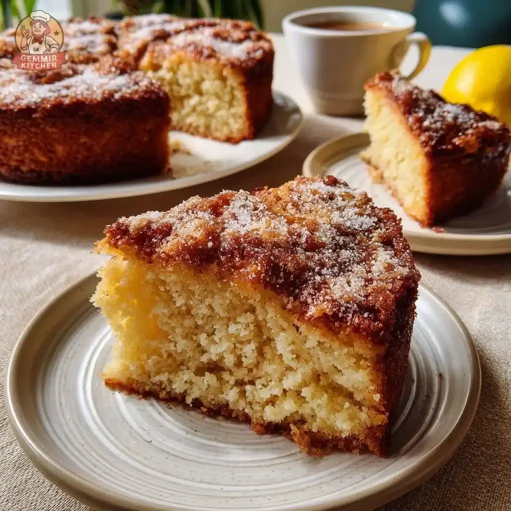 Honey Lemon Ricotta Coffee Cake topped with lemon zest and a drizzle of honey