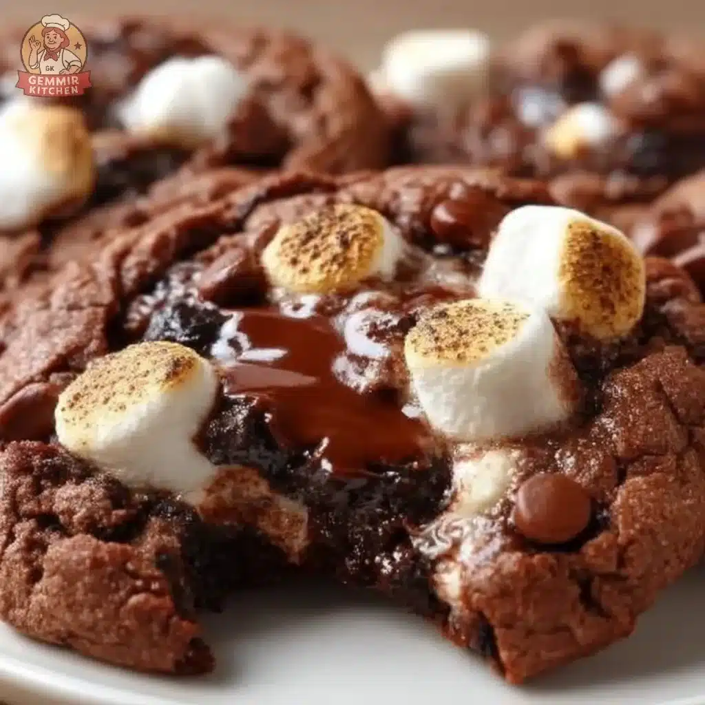 Delicious hot chocolate cookies topped with marshmallows and chocolate chips