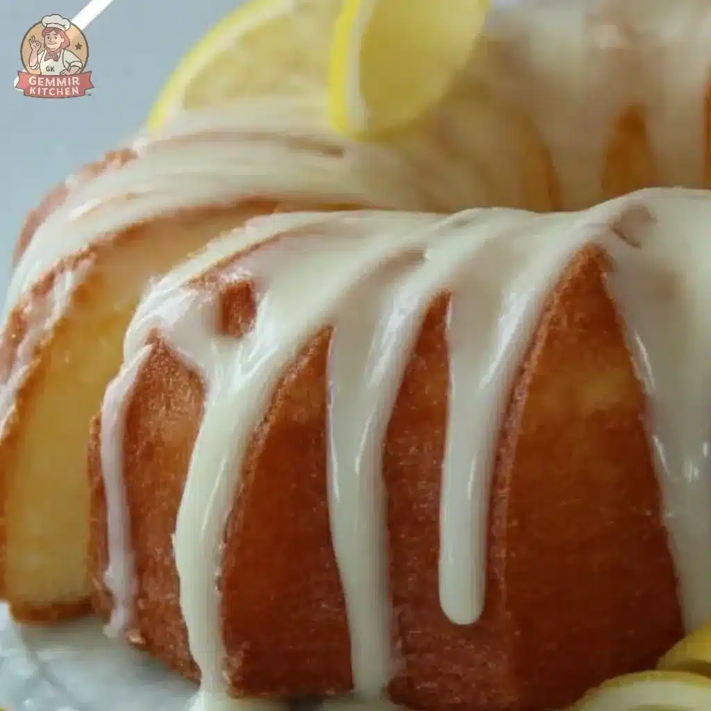 Slice of moist Italian lemon pound cake with a lemon glaze on a plate