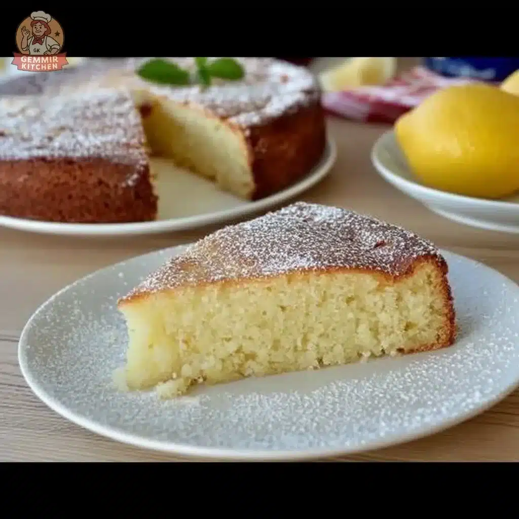 Slice of Italian Lemon Ricotta Cake topped with lemon zest and powdered sugar