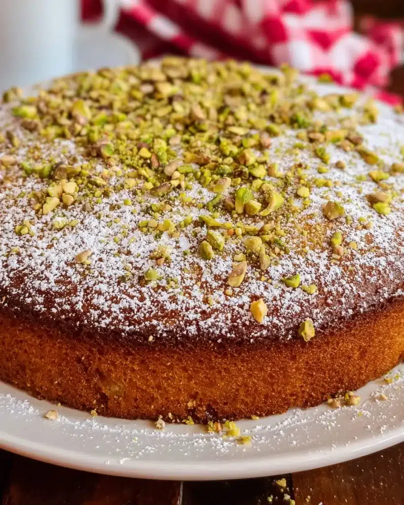 Slice of Italian Pistachio Cake with pistachios on top