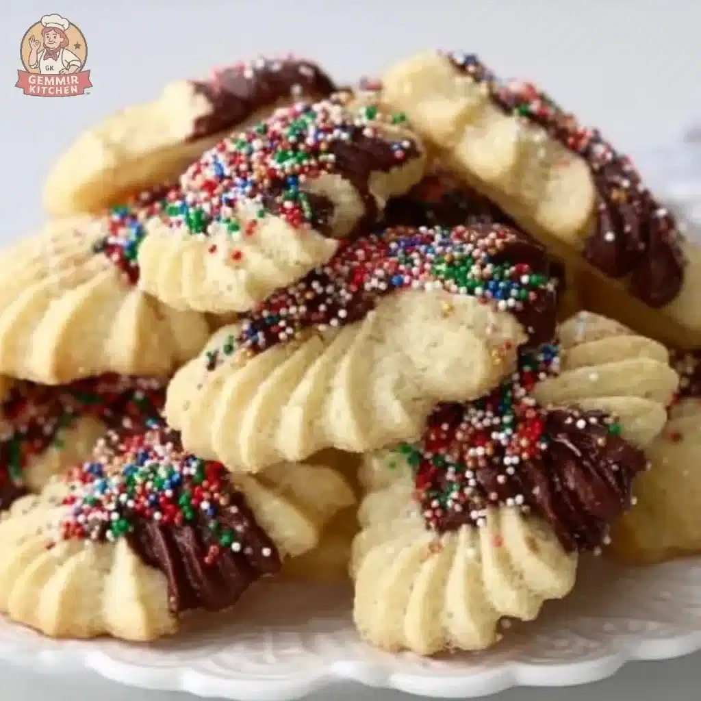 Plate of delicious Italian spritz cookies decorated with colorful sprinkles
