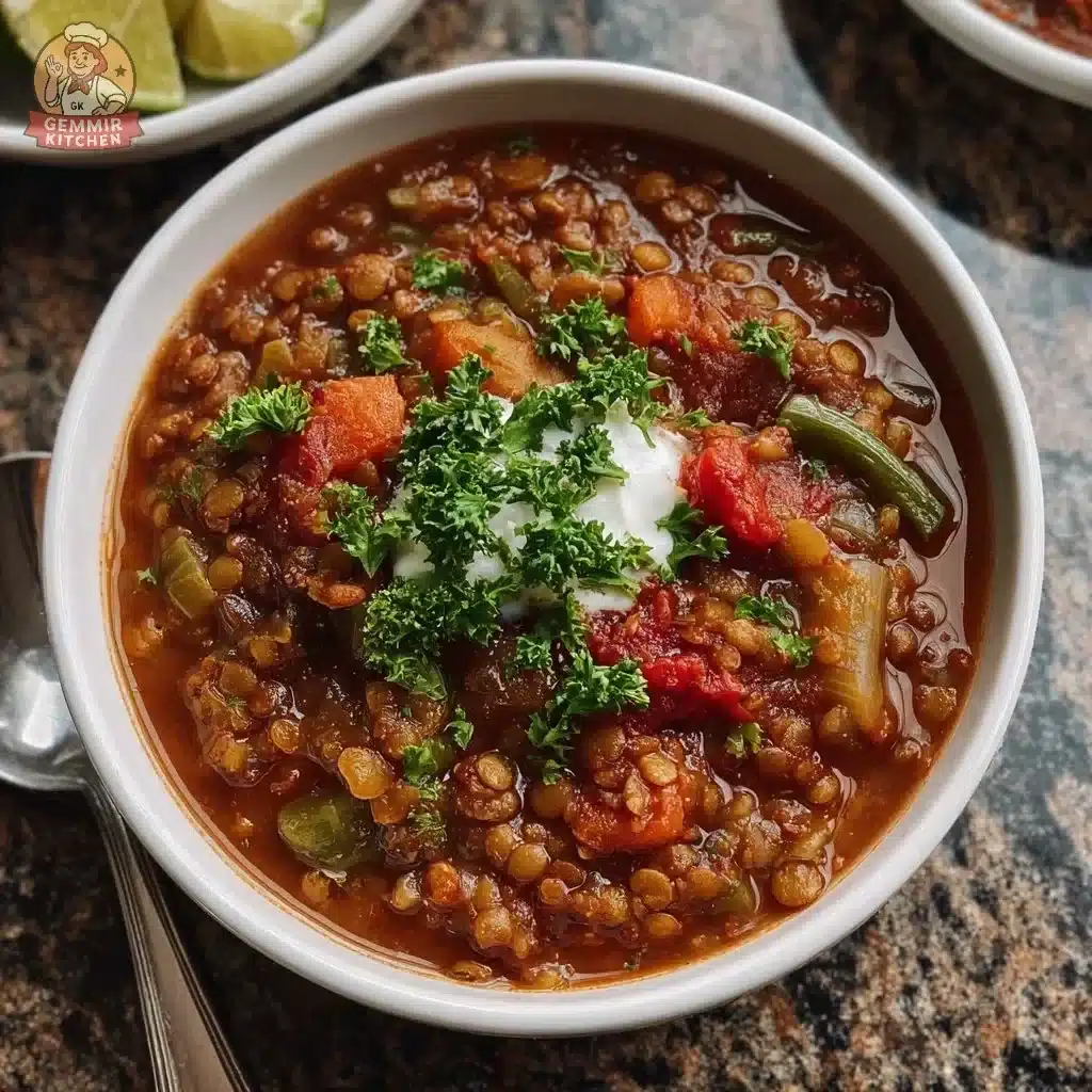 Bowl of January Garden Lentil Chili topped with fresh herbs and spices.