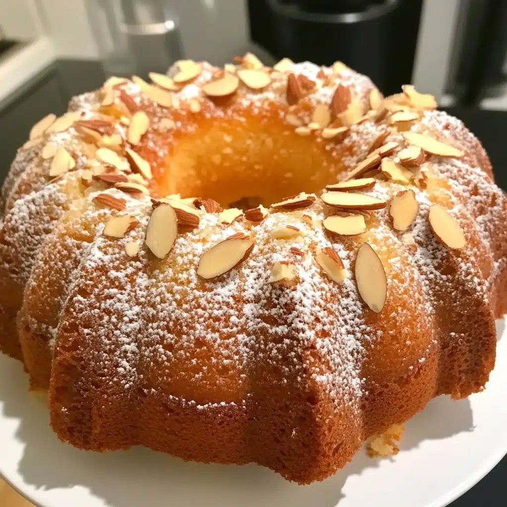 Lemon Almond Ricotta Bundt Cake with a glossy lemon glaze and sliced almonds on top