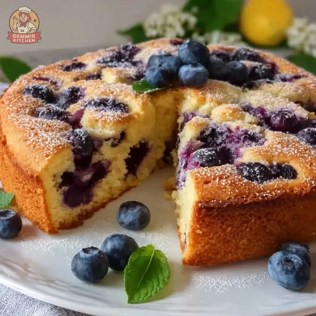 Lemon blueberry ricotta tea cake garnished with fresh blueberries and lemon zest