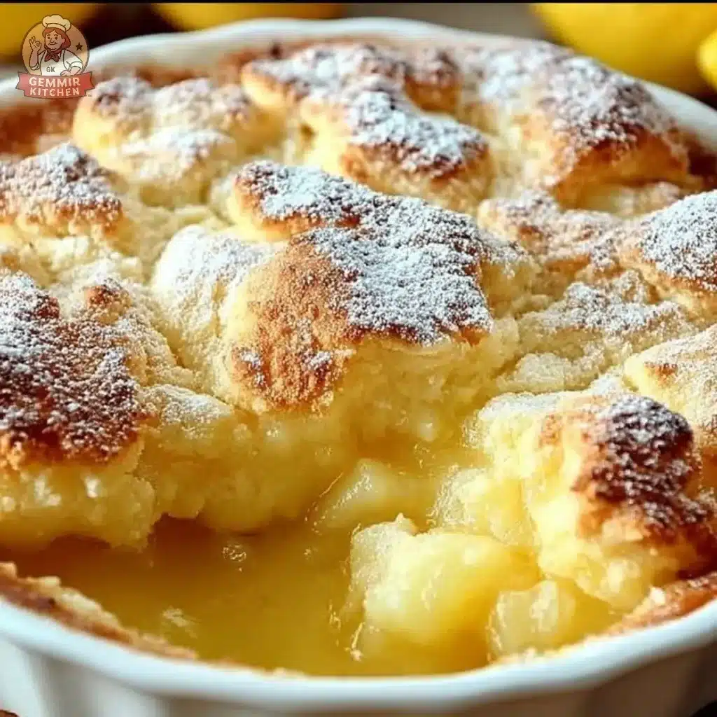 Delicious Lemon Cobbler dessert served in a rustic dish with fresh lemons