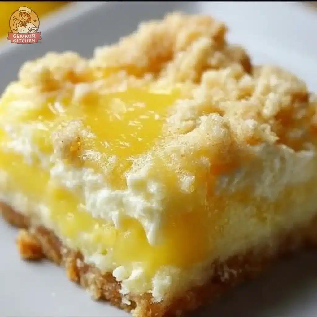 Slice of Lemon Cream Cheese Dump Cake with lemon zest and creamy frosting