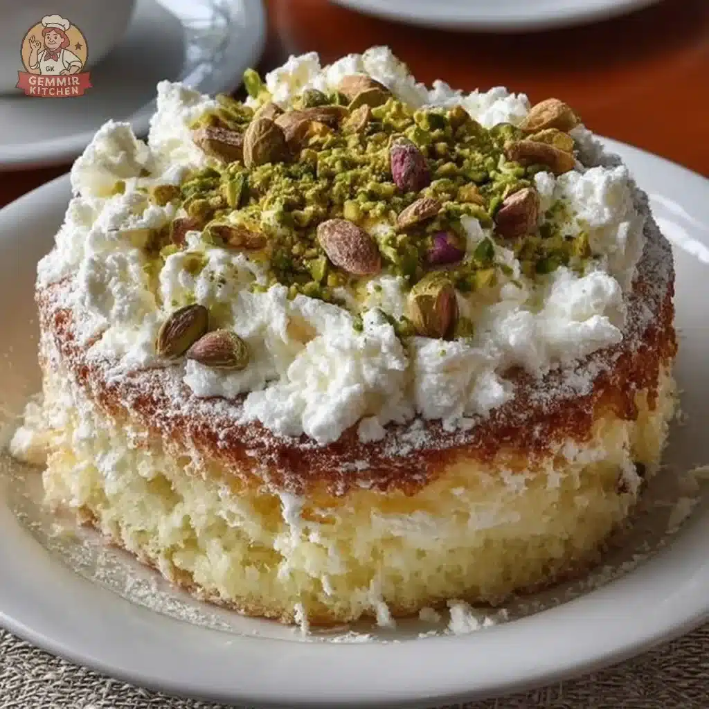 Lemon Pistachio Ricotta Cloud Cake with a fluffy texture and vibrant garnish