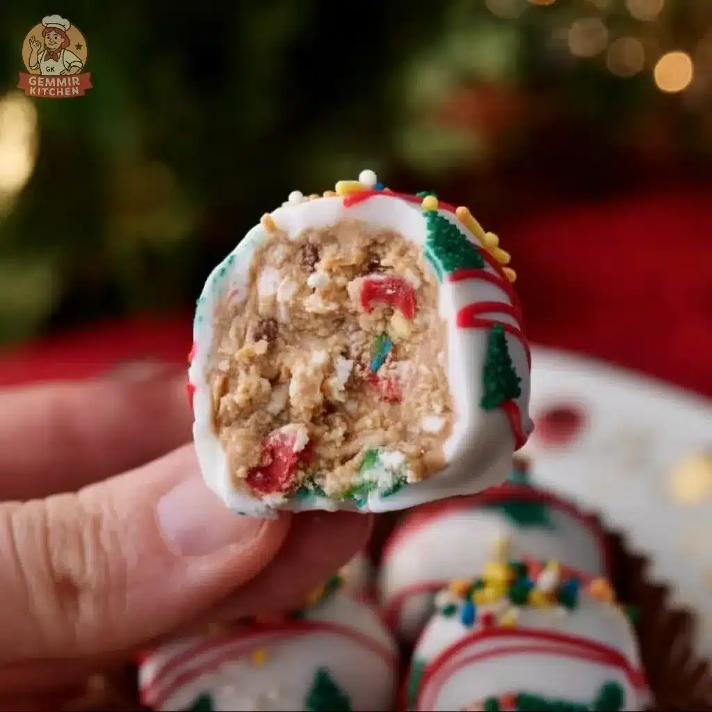 Delicious Little Debbie Christmas Tree Cake Truffles topped with festive decorations.