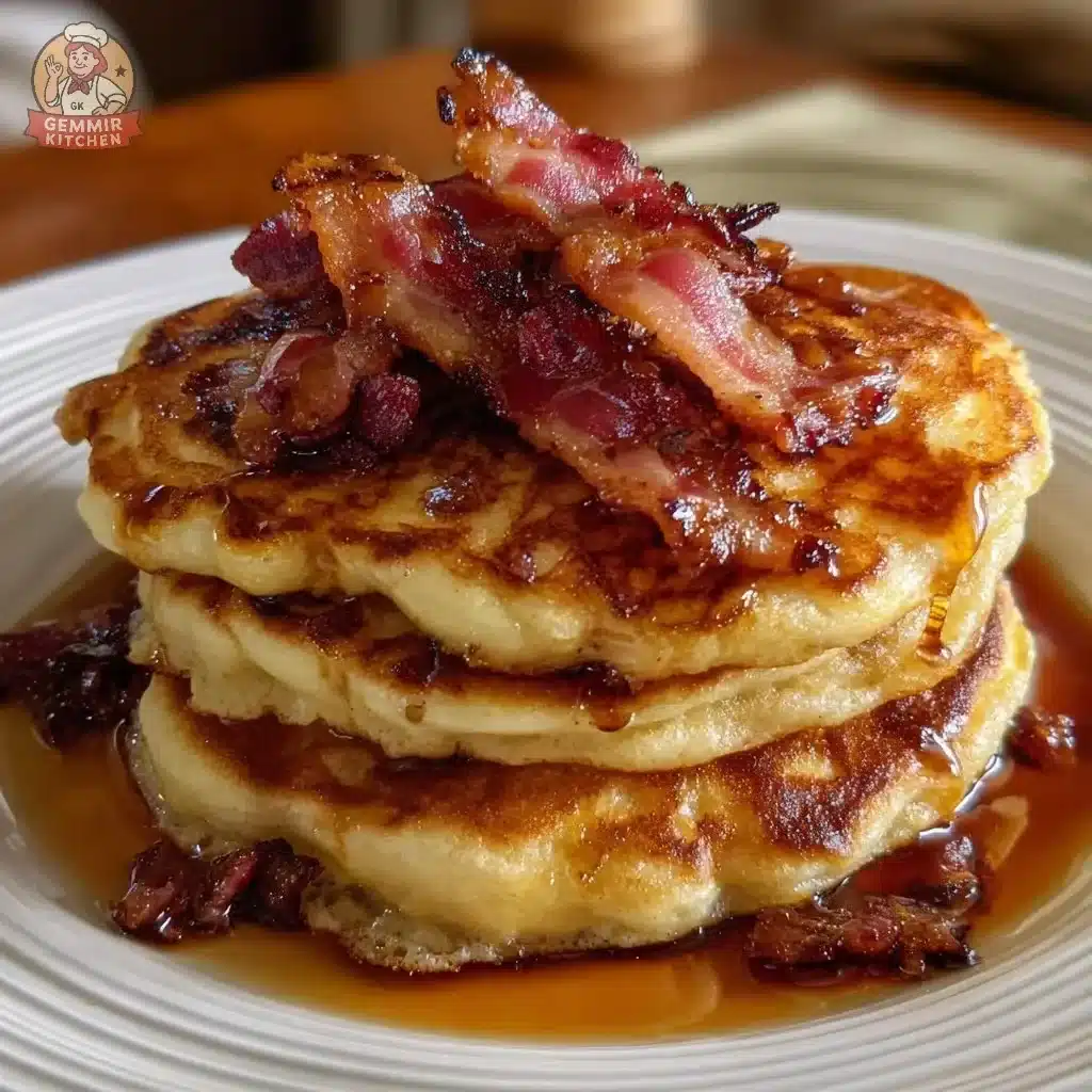 Plate of fluffy Maple Bacon Pancakes topped with crispy bacon and syrup